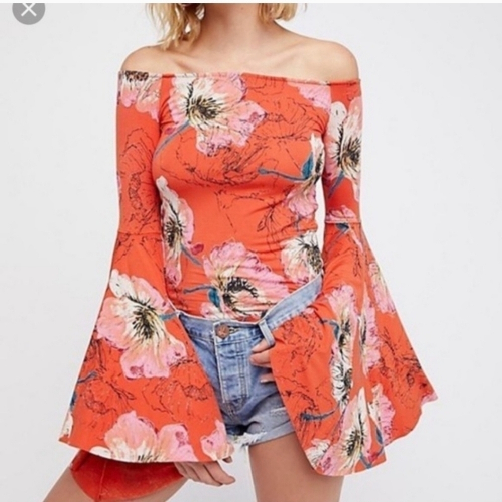 Free People Bird of Paradise orange floral bell sleeve top